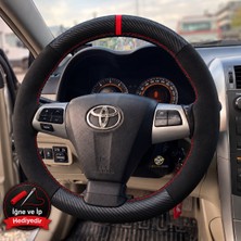 Hasakman Toyota Rav4 Dikme Direksiyon Kılıfı Alcantara Süet Mat Karbon Kırmızı Yüzük ve Dikiş 2009-2012