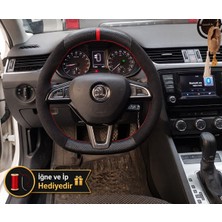 Hasakman Skoda Octavia Mk3 Dikme Direksiyon Kılıfı Alcantara Süet Mat Karbon Kırmızı Yüzük ve Dikiş 2013-2020