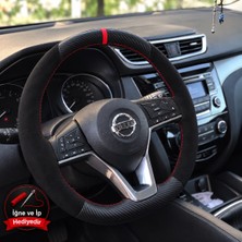 Hasakman Nissan Juke F16 Dikme Direksiyon Kılıfı Alcantara Süet Mat Karbon Kırmızı Yüzük ve Dikiş 2019-2024