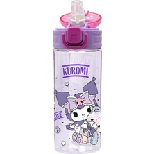 500ML Kuromi Temalı Lisanslı Yumuşak Silikon Pipetli Kulplu Kilitlenebilir Su Matarası (Pembe-Mor)