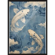 Siyah Çerçeveli Tablo, Koi Balıkları, Japon Dalgalar Arasında, Mavi Tonlar Poster No: 107505 50 x 70