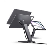 iPad Pro 11" 2025-2024 Magfit Manyetik Kablosuz Şarj Standı / 360° Dönebilen Ayarlanabilir Alüminyum Tablet Standı (Kablo Dahil Değildir) Gri - AMP09838 (Spigen Tr Garantili)