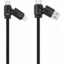 Vionna Bix BX4IN1C 65W Usb-A & Type-C & Lightning Çok Fonksiyonlu Örgülü Şarj ve Data Kablosu 1.2 Metre Siyah