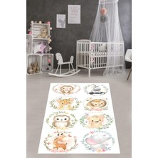Vionna Pelangi Ormandaki Hayvanlar Fil Zebra Maymun Yıkanabilir Kaymaz Taban Leke Tutmaz Çocuk Odası Halısık, Beyaz-Kırmızı 100 x 600, 76420071006001
