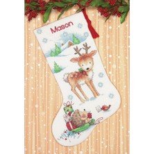 Kanaviçe "ren Geyiği ve Kirpi" Kişiselleştirilmiş Noel Çorap Seti, Beyaz 14 Adet Aida, 40 cm