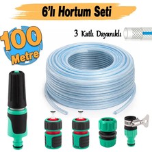 Vionna Üç Katlı Şeffaf Sağlam Bahçe Hortumu 100 Metre Çeşme Su Sulama Hortum 6'lı Bağlantı Adaptör Seti