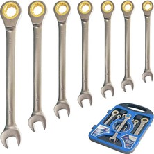 Professional 7 Parça Cırcırlı Kombine Açık Anahtar Seti | 72 Diş Ratchet Anahtar Takımı | 8-10-12-13-14-17-19 mm | Cr-V Çelik | Otomotiv, Sanayi, Ev & Atölye Kullanımı Için | Taşıma Çantalı