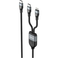 Power 100W Çift Uçlu, Type-C To Lightning + Type-C Şarj Kablosu, Örgü Tasarım, 1.2 Metre, Siyah