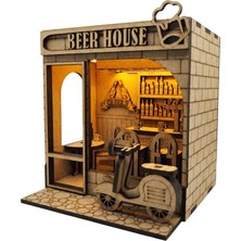 Beer House Ahşap Maket, 89 Parça Dıy Minyatür Bar Modeli, Peri LED Dahil, Mdf 3D Puzzle, Hobi ve Dekorasyon Seti, 10 x 9 x 11 cm