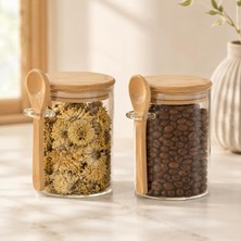 ml Kaşıklı Cam Kavanoz 2’li Set, Bambu Kapaklı Şeffaf Cam Saklama Kabı, Çay Kahve Baharat Şeker Kuruyemiş Kavanozu, Mutfak Düzenleyici Kaşıklı Cam Kavanoz Seti