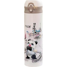 Diller 480ML Sevimli Hayvanlar Desenli Pipetli Kilitlenebilir Kapak Paslanmaz Çelik Termos (Panda)