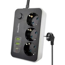 Vionna Showmax Serisi SH-2646 Termal Akım Korumalı Priz (3 Priz + 2 USB + 1 Type-C)