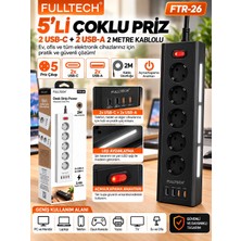 Azurtech Ftr-26 5’li Çoklu Priz 2 Usb-C 2 Usb-A 2 Metre Kablolu Masaüstü Priz