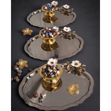 Iki Model Beyaz Çiçekli 3 Adet Çelik Oval Tepsi ve 3 Adet Gold Makaronluk