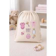 Store Baby Elements Baskılı Ham Bez Büzgülü Bebek Torbası 30X40 cm 2'li Set - Çok Amaçlı Bebek Eşyası Saklama ve Organizer Çantası (Pembe)
