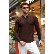 Madmext Kahverengi Polo Yaka Slim Fit Erkek Triko Kazak E7527