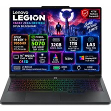 Lenovo Legion Pro 5 16AFR10 Amd Ryzen 9 9955HX 32GB 1TB SSD RTX 5070 8GB (115W) 16" WQXGA (2560X1600) OLED 165Hz Freedos Taşınabilir Bilgisayar 83F2001XTR