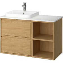 Lavabo Dolabı Kombinasyonu, Meşe Görünümlü-Beyaz Mermer Görünüm, 102X49X71 Cm, Brogrund Batarya, Açık Dolaplı