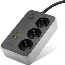 Lovesta Home Topraklı Termal Akım Korumalı Uzatma Kablosu Anahtarlı 3 Priz 2 USB 1 Type-C 2 M Siyah SH4626