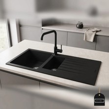 Real Stone Granit Eviye P005 Troya 100 x 50 Siyah Renkli 1,5 Gözlü Damlalıklı Modern Tasarım