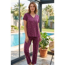 Aydoğan Kadın Desenli Kısa Kol Bambu Kumaş Pijama Takımı 240128 Mürdüm