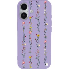 Casen iPhone 16 Lila Lansman Renkli Silikon Floral Stripes Tasarımlı Premium Kılıf