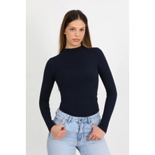 Hdm Kadın Lacivert Yarım Balıkçı Fitilli Modal Pamuk Uzun Kollu Bluz - H6173