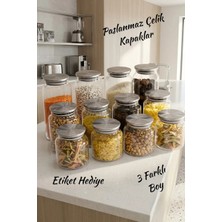 Öz-Home 12'li Metal Kapaklı Kavanoz Seti -Etiketli-Baharatlık Erzak Bakliyatlık - 500 ml , 750 ml , 1300 ml ÇEYİZ SETİ