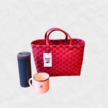 Bag The Joy Doğa Severlere Hediye - Örgü Sepet Çantalı Termos ve Emaye Mug Hediye Seti