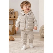 Bilge Trend Erkek Bebek Bej Kapüşonlu Sweat , Şişme Yelek , Pantolon 3 Parça Premium Seri Kışlık Takım