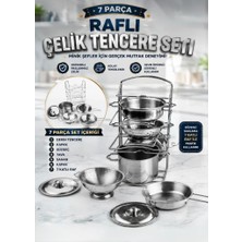 Farbu Oyuncak 7 Parça Raflı Dayanıklı Paslanmaz Çelik Kolay Temizlenen Gerçekçi Oyuncak Tencere Seti