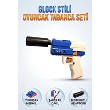 Farbu Oyuncak Şarjlı Tam Otomatik Atış Sistemli Susturuculu Mavi Glock D2 Köpük Mermili Oyuncak Atıcı