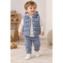 Bilge Trend Erkek Bebek Mavi Kapüşonlu Sweat , Şişme Yelek , Pantolon 3 Parça Premium Seri Kışlık Takım