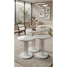 Sofex 3'lü Yuvarlak Modern Sehpa ( Altay ) Krom - Carrara Mermer Desen
