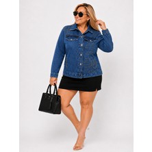 Trieste Wear Büyük Beden Taş İşlemeli Yazı Detaylı Büyük Beden Taş İşlemeli Yazı Detaylı Düğmeli Cepli Yıkamalı Denim Kadın Ceket