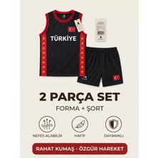 The Raven Yeni Sezon Türkiye Temalı Kırmızı Premium Çocuk Basketbol Forması 2'li Set Forma Şort
