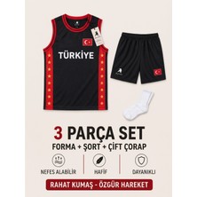 The Raven Yeni Sezon Türkiye Temalı Kırmızı Premium Çocuk Basketbol Forması 3'lü Set Forma Şort Çorap