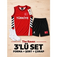 The Raven Yeni Sezon Türkiye Temalı Siyah Premium Çocuk Basketbol Forması 3'lü Set Forma Şort Çorap