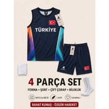 The Raven Yeni Sezon Türkiye Temalı Mavi Premium Çocuk Basketbol Forması 4'lü Set Forma Şort Çorap Bileklik