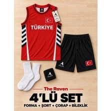 The Raven Yeni Sezon Türkiye Temalı Siyah Premium Çocuk Basketbol Forması 4'lü Set Forma Şort Çorap Bileklik