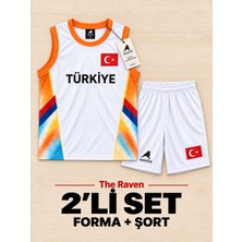 The Raven Yeni Sezon Türkiye Temalı Beyaz Premium Çocuk Basketbol Forması 2'li Set Forma Şort