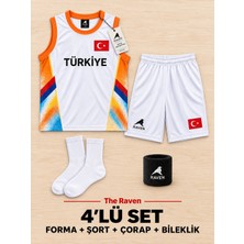 The Raven Yeni Sezon Türkiye Temalı Beyaz Premium Çocuk Basketbol Forması 4'lü Set Forma Şort Çorap Bileklik