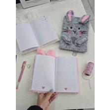 Farabi Kırtasiye Pofuduk Peluş Tavşan Tasarımlı Çizgili Defter - Tekli (Gri, Beyaz, Pembe Renk Seçenekli) Günlük ve Hediye Not Defteri