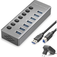 Lovesta Home USB 3.0 Anahtarlı Güç Adaptörlü Hub 7 Port 5 Gbps Gri HDX7047