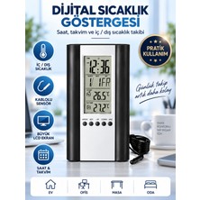Dijital Iç Dış Termometre Saat Takvim Kablolu Sıcaklık Sensörlü Masaüstü Sıcaklık Ölçer