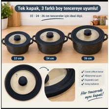 Nergis 22/24/26 cm Uyumlu Cam Tencere&tava Kapağı Kademeli Silikon Kenarlı -Siyah Kapak