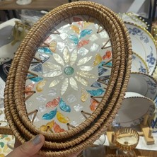 Renkli Çiçek Mozaik Desenli Oval Hasır Kenarlı Tepsi
