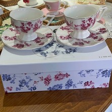 Pembe Mavi Çiçek Desenli Kutulu Fincan Takımı (2’li)