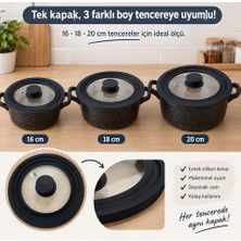 Nergis 16/18/20 cm Uyumlu Cam Tencere&tava Kapağı Kademeli Silikon Kenarlı -Siyah Kapak