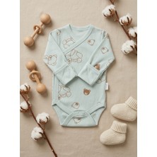 Deniva Unisex Bebek Mint Yeşili Kendinden Eldivenli Ayıcık Desenli Kaşkorse Kruvaze Zıbın Body